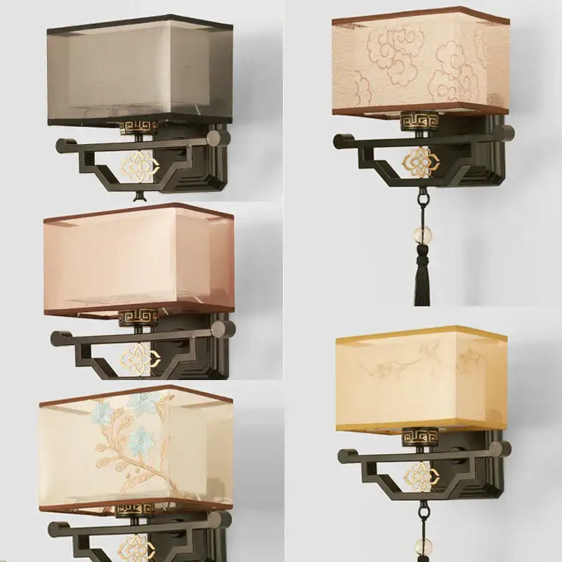Traditional bronze floral elegant fabric wall lamp with rectangular beige shade and ornate gold-leafed metal frame for bedroom lighting