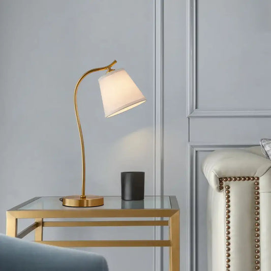 Decorbites™ brass single fabric bedside lamp with gold-toned slender arm and soft white shade for traditional bucket table lighting compatible with 220v-240v and led incandescent fluorescent bulbs
