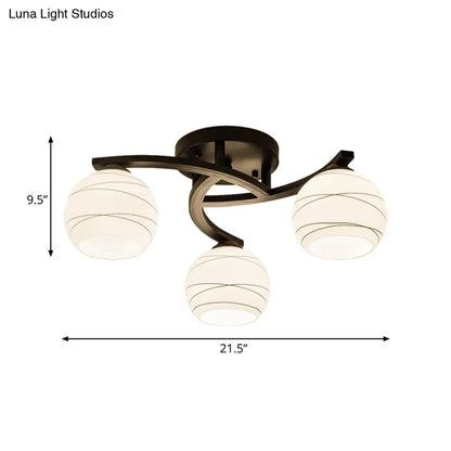 Traditional Ceiling Mount Light: Black Semi Flush with White Glass - Ideal for Corridor (3/5/8 Lights)