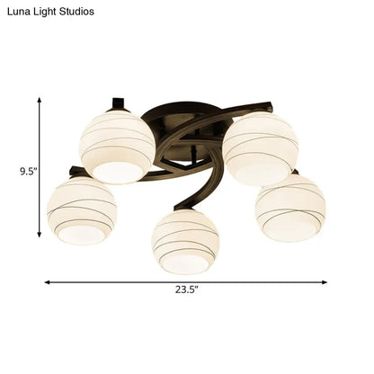 Traditional Ceiling Mount Light: Black Semi Flush with White Glass - Ideal for Corridor (3/5/8 Lights)