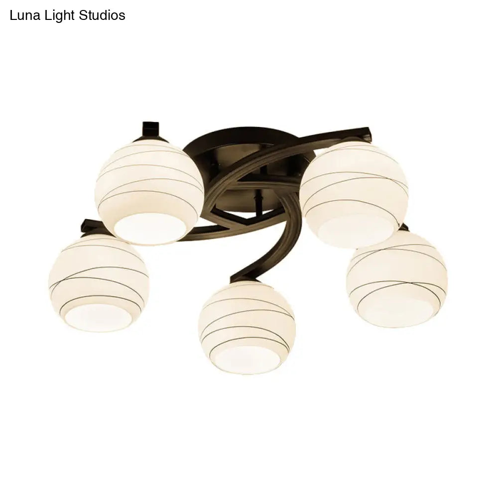 Traditional Ceiling Mount Light: Black Semi Flush with White Glass - Ideal for Corridor (3/5/8 Lights)