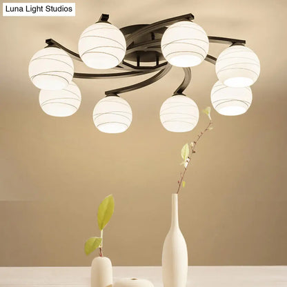 Traditional Ceiling Mount Light: Black Semi Flush with White Glass - Ideal for Corridor (3/5/8 Lights)