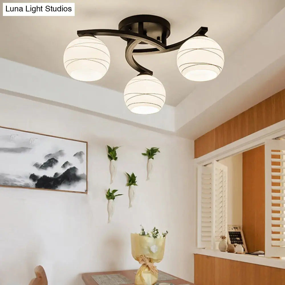 Traditional Ceiling Mount Light: Black Semi Flush with White Glass - Ideal for Corridor (3/5/8 Lights)