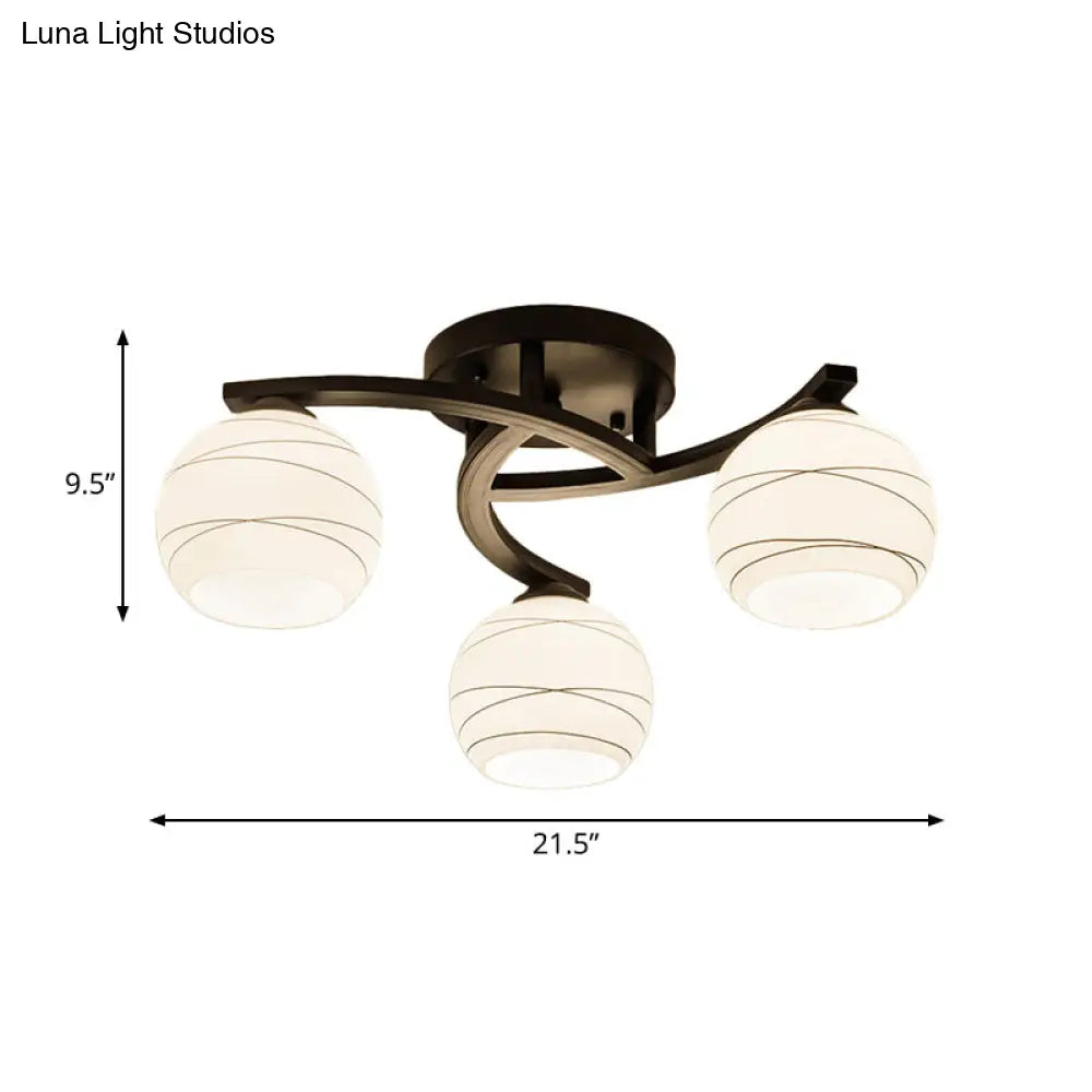 Traditional Ceiling Mount Light: Black Semi Flush with White Glass - Ideal for Corridor (3/5/8 Lights)