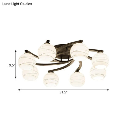 Traditional Ceiling Mount Light: Black Semi Flush with White Glass - Ideal for Corridor (3/5/8 Lights)