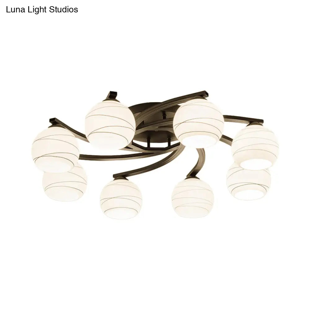 Traditional Ceiling Mount Light: Black Semi Flush with White Glass - Ideal for Corridor (3/5/8 Lights)