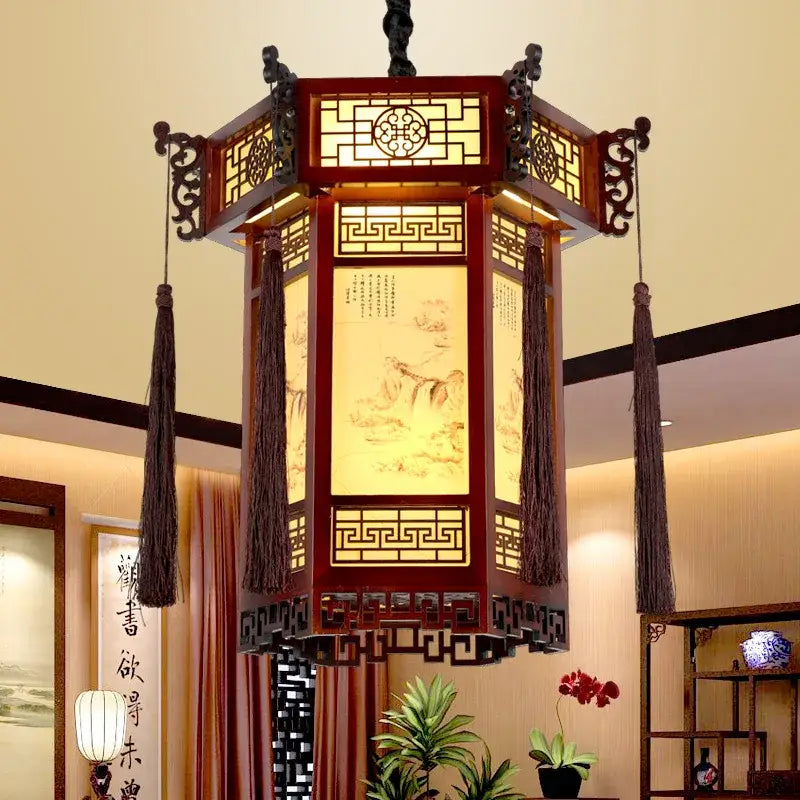 Traditional chinese bamboo lantern pendant light with red wooden frame and dark brown tassels for dining room decorbites bamboo lantern