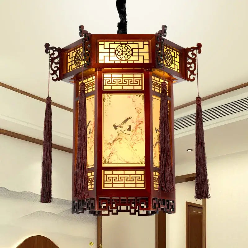 Traditional chinese bamboo lantern pendant light with reddish-brown wooden frame and bird scene decorbites bamboo lantern