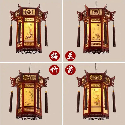 Traditional Chinese bamboo lantern pendant light with intricate carvings, golden floral panels, and dark brown tassels for dining room decorbites bamboo lantern