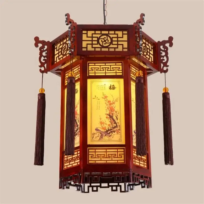 Traditional chinese bamboo lantern pendant light in red wood with golden accents and dark tassels for dining room decorbites bamboo lantern