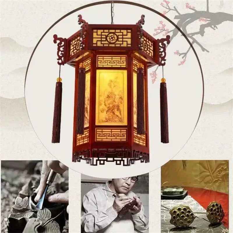 Traditional Chinese bamboo lantern pendant light with red wooden frame, intricate carvings, golden patterns, and dark tassels