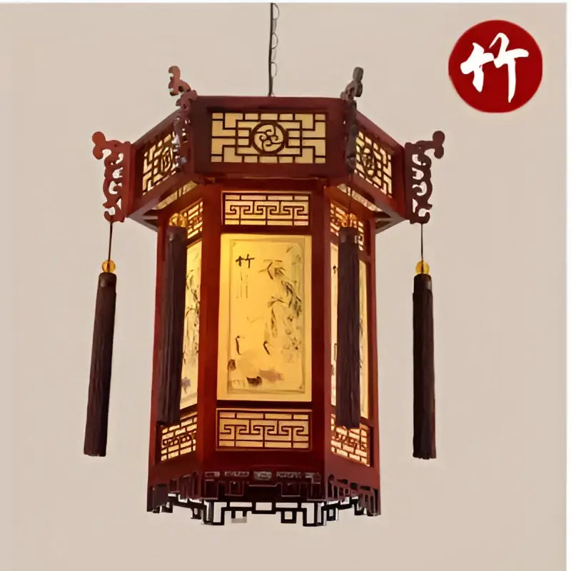 Red wooden bamboo lantern pendant light with intricate carvings and gold-leafed panels for dining room decorbites bamboo lantern