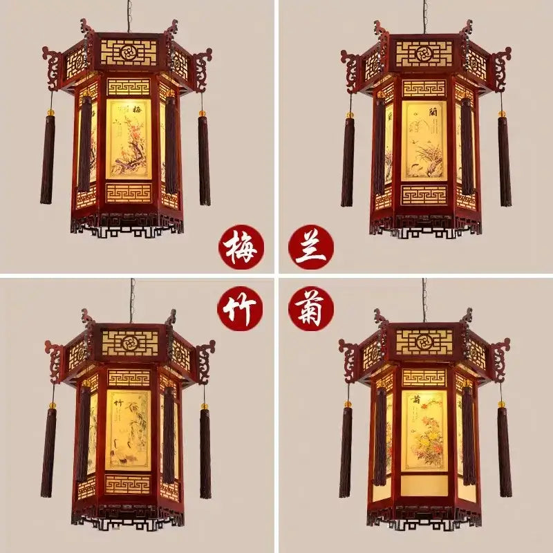 Traditional chinese carved bamboo lantern pendant lights with intricate golden floral panels and dark brown tassels