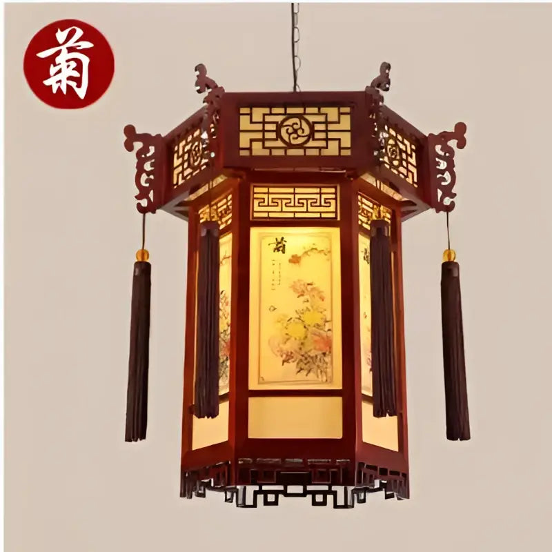 Traditional Chinese carved bamboo lantern pendant lights featuring dark wood, gold accents, and warm floral illumination