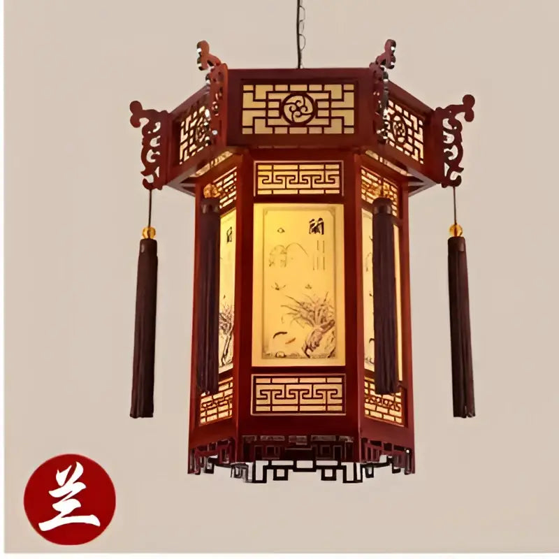 Red wooden traditional chinese carved bamboo lantern pendant light with gold-leafed panels and dark tassels for dining room