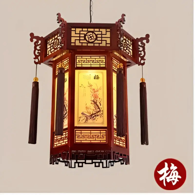 Traditional Chinese red wooden carved bamboo lantern pendant lights with gold-trimmed plum blossom panels and dark tassels