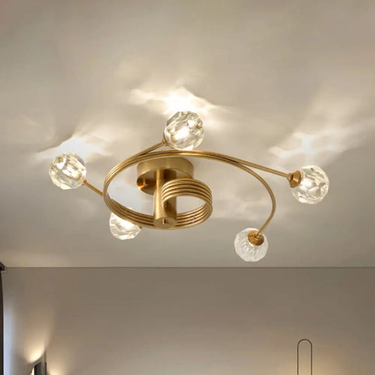 DecorBites™ DecorBites™ Traditional Cut Crystal Gold Ceiling Mount Light with Curved Metal Arm - 5 Head Ball Semi-Flush Mount Fixture