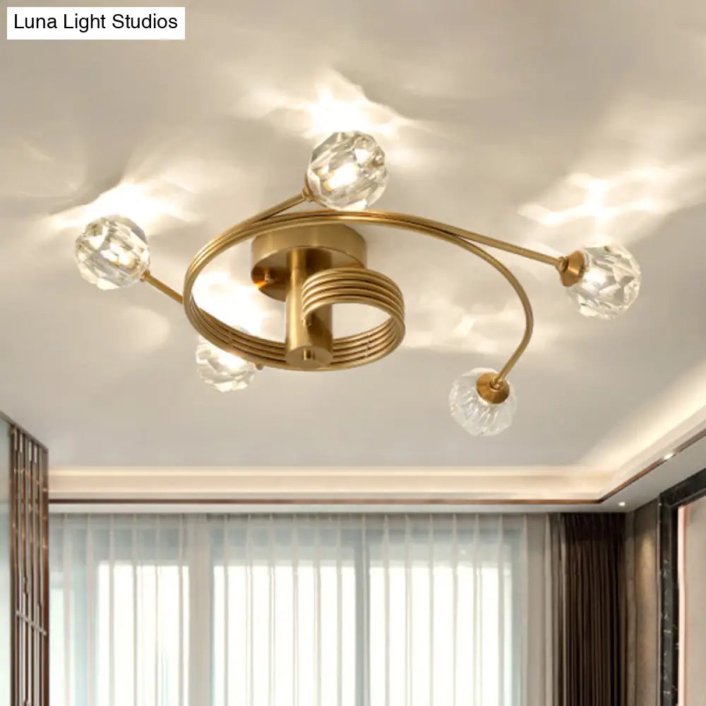DecorBites™ DecorBites™ Traditional Cut Crystal Gold Ceiling Mount Light with Curved Metal Arm - 5 Head Ball Semi-Flush Mount Fixture