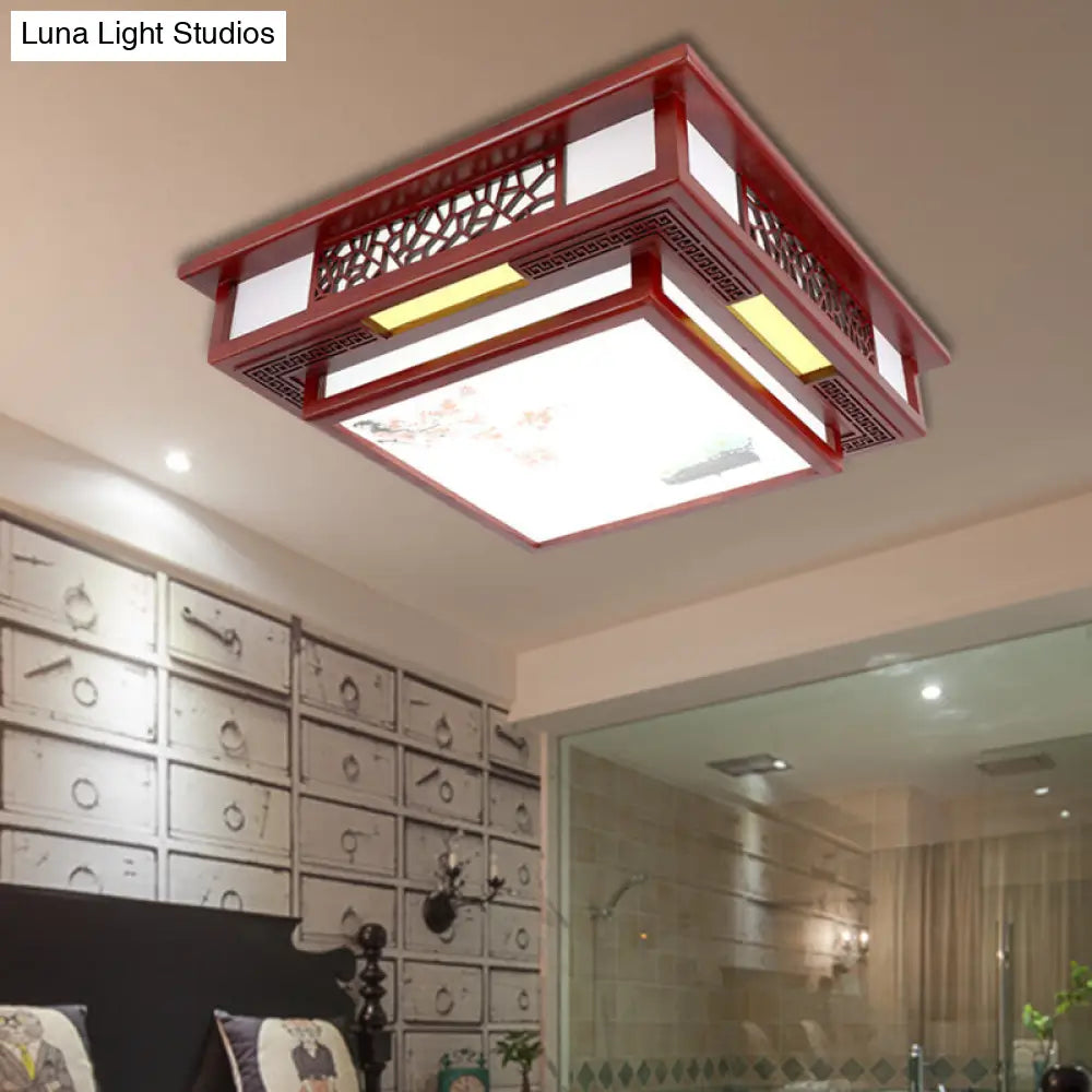 DecorBites™ DecorBites™ Traditional Dark Red Wood LED Square Flush Mount Ceiling Light