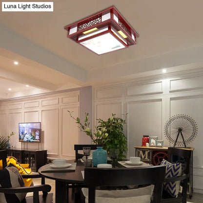 DecorBites™ DecorBites™ Traditional Dark Red Wood LED Square Flush Mount Ceiling Light