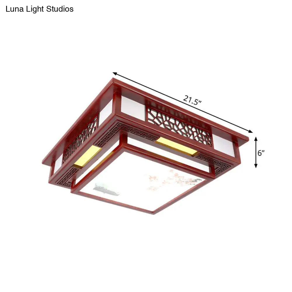 DecorBites™ DecorBites™ Traditional Dark Red Wood LED Square Flush Mount Ceiling Light