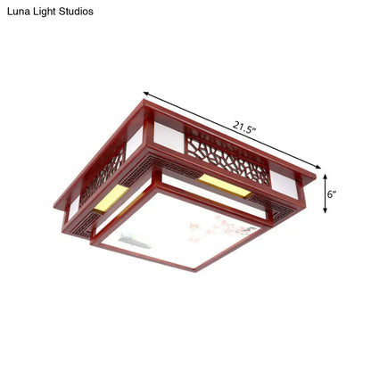DecorBites™ DecorBites™ Traditional Dark Red Wood LED Square Flush Mount Ceiling Light