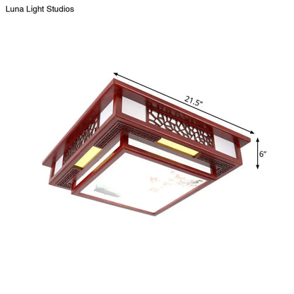 DecorBites™ DecorBites™ Traditional Dark Red Wood LED Square Flush Mount Ceiling Light