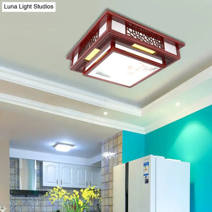 DecorBites™ DecorBites™ Traditional Dark Red Wood LED Square Flush Mount Ceiling Light