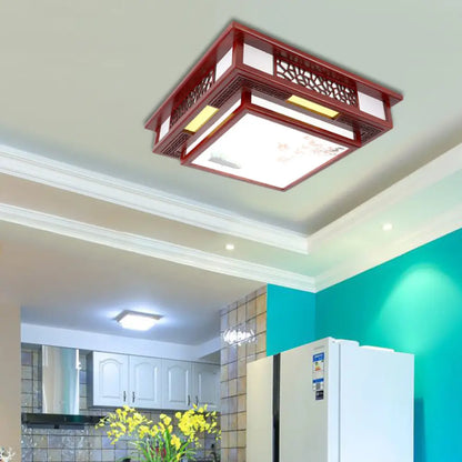 DecorBites™ DecorBites™ Traditional Dark Red Wood LED Square Flush Mount Ceiling Light