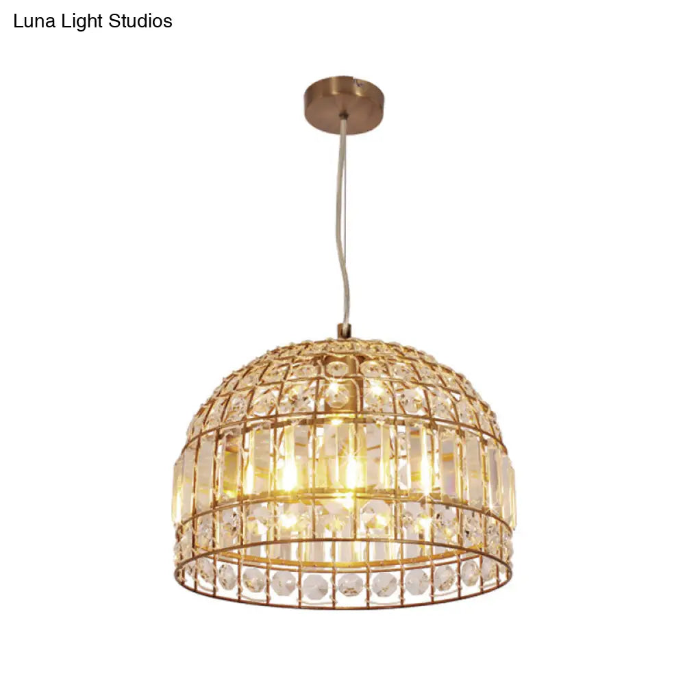 Traditional Dome Crystal Ceiling Pendant Light with Brass Frame - Sizes 9"/14"/18