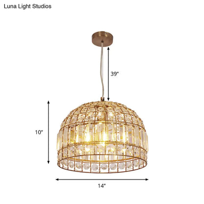 Traditional Dome Crystal Ceiling Pendant Light with Brass Frame - Sizes 9"/14"/18