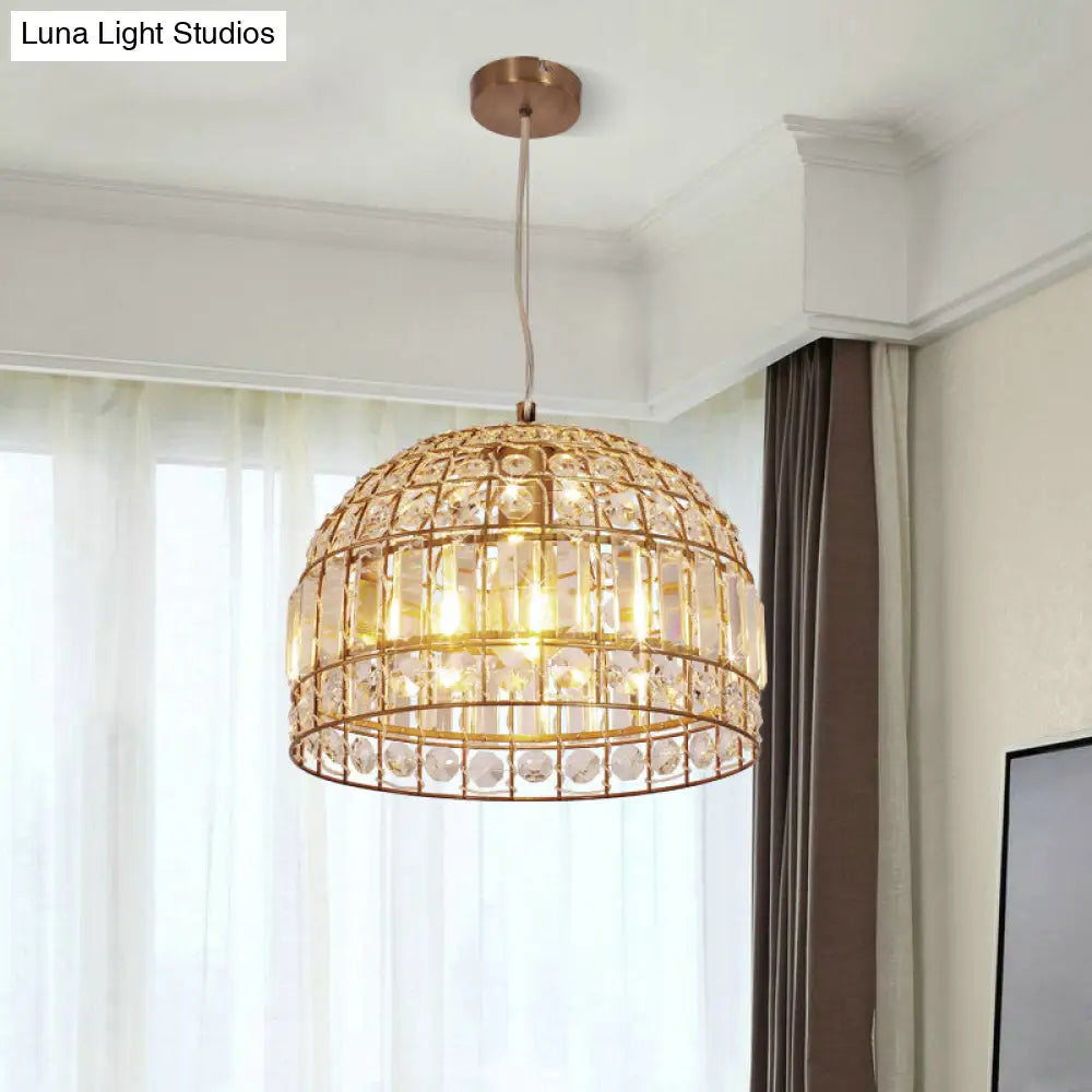 Traditional Dome Crystal Ceiling Pendant Light with Brass Frame - Sizes 9"/14"/18