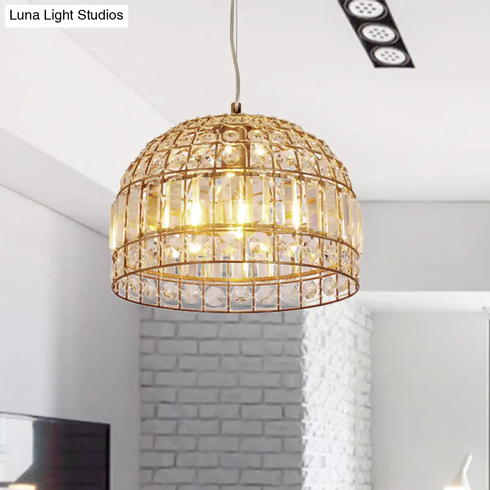 Traditional Dome Crystal Ceiling Pendant Light with Brass Frame - Sizes 9"/14"/18