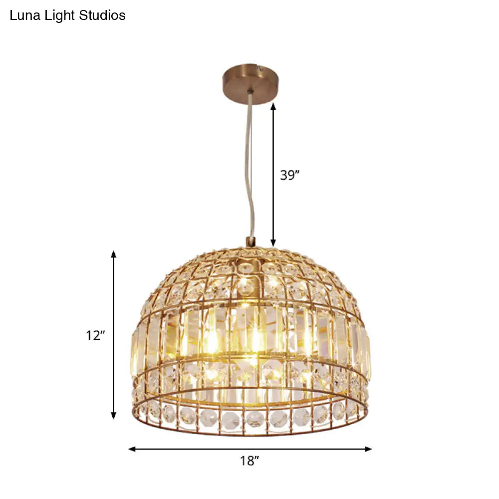 Traditional Dome Crystal Ceiling Pendant Light with Brass Frame - Sizes 9"/14"/18