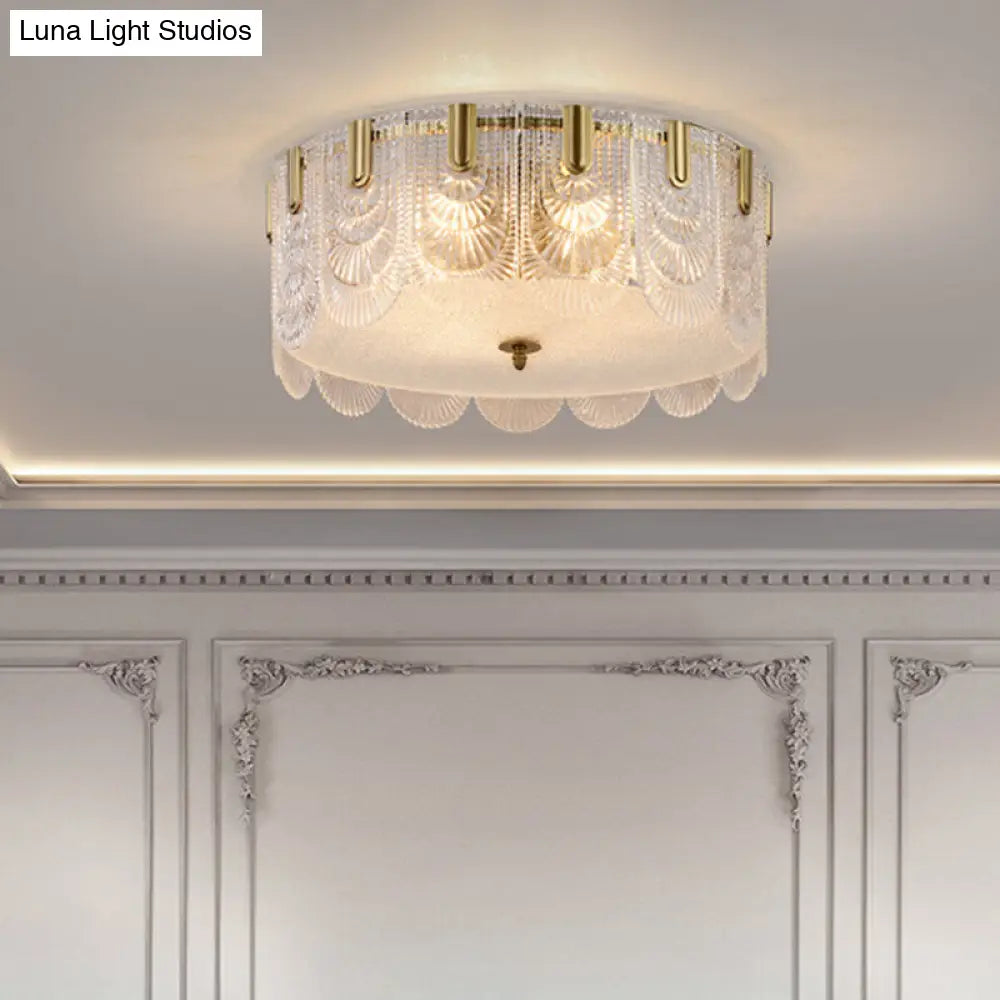 DecorBites™ DecorBites™ Traditional Drum Flushmount Prism Glass 6-Light Bedroom Ceiling Fixture in Brass