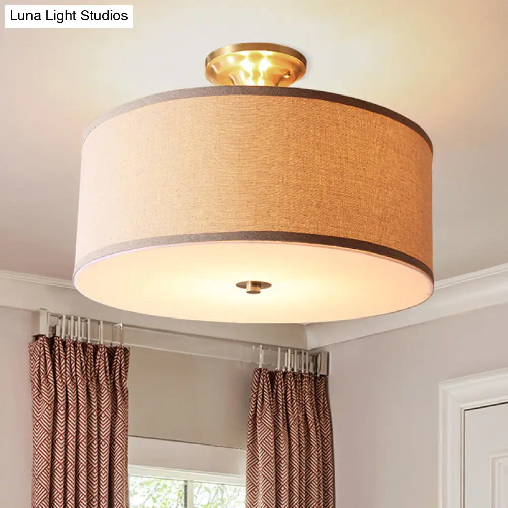DecorBites™ DecorBites™ Traditional Drum Semi Flush Ceiling Light in Beige Fabric Shade
