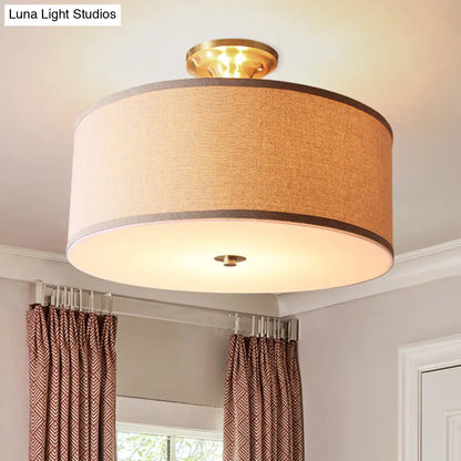 DecorBites™ DecorBites™ Traditional Drum Semi Flush Ceiling Light in Beige Fabric Shade