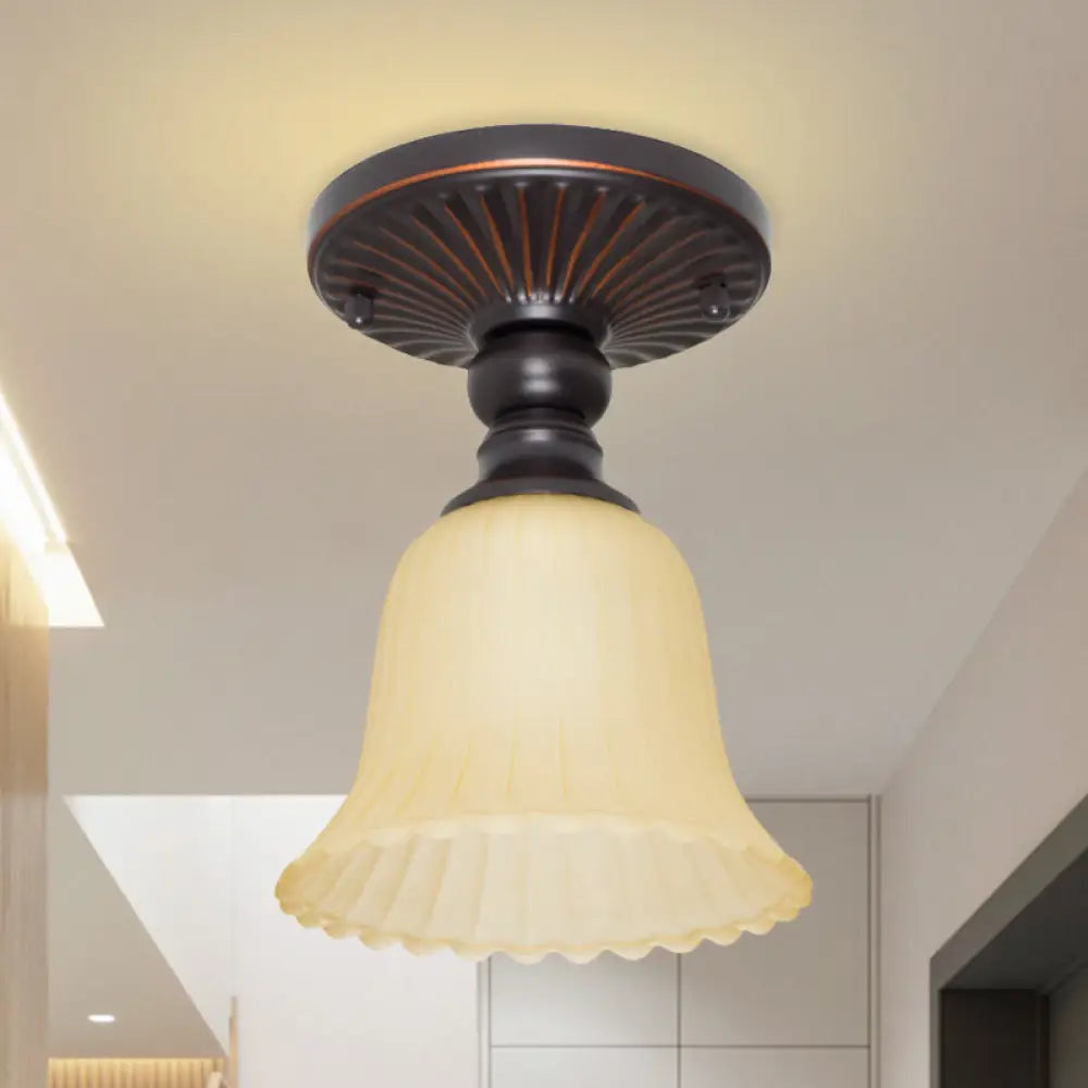 DecorBites™ DecorBites™ Traditional Flared Foyer Semi Flush Mount with Ribbed Frosted Glass – 1 Light Black Flushmount