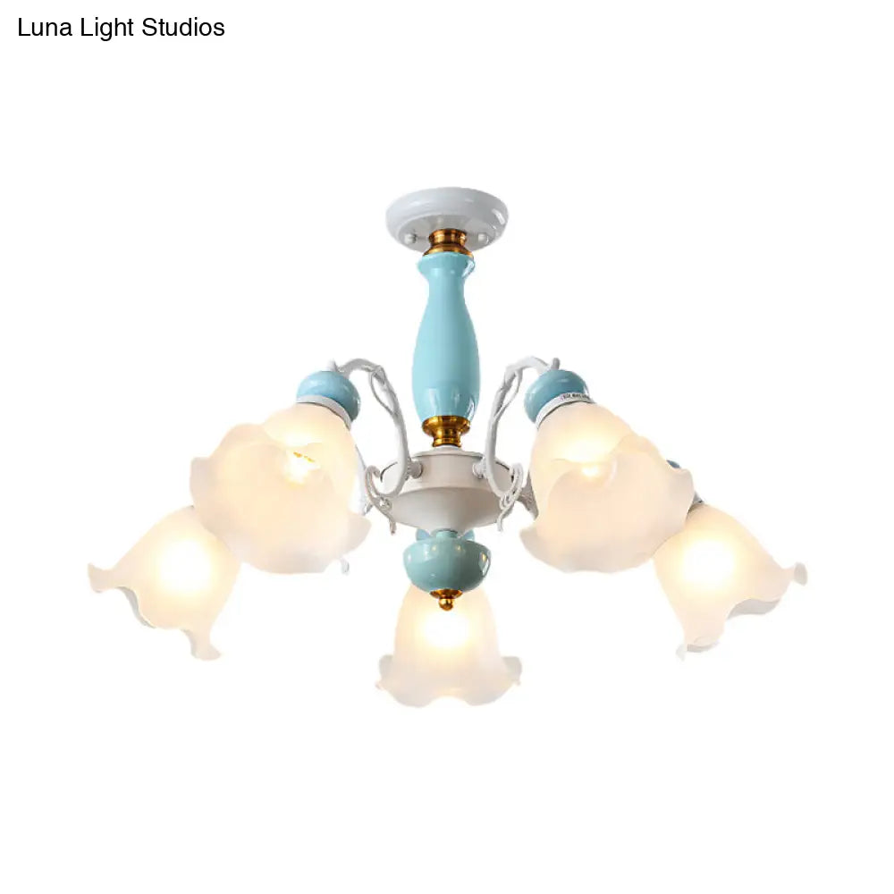 DecorBites™ DecorBites™ Traditional Floral White Glass Semi-Flush Ceiling Light with 3/5 Lights - Bedroom Flush Mount Lamp in Light Blue
