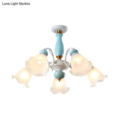 DecorBites™ DecorBites™ Traditional Floral White Glass Semi-Flush Ceiling Light with 3/5 Lights - Bedroom Flush Mount Lamp in Light Blue