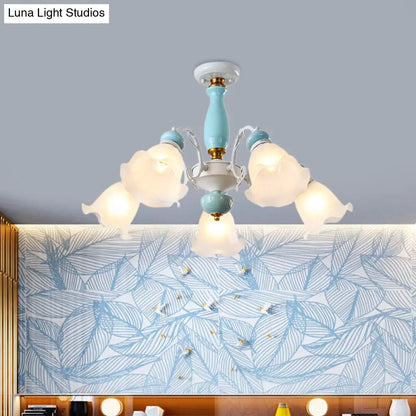 DecorBites™ DecorBites™ Traditional Floral White Glass Semi-Flush Ceiling Light with 3/5 Lights - Bedroom Flush Mount Lamp in Light Blue