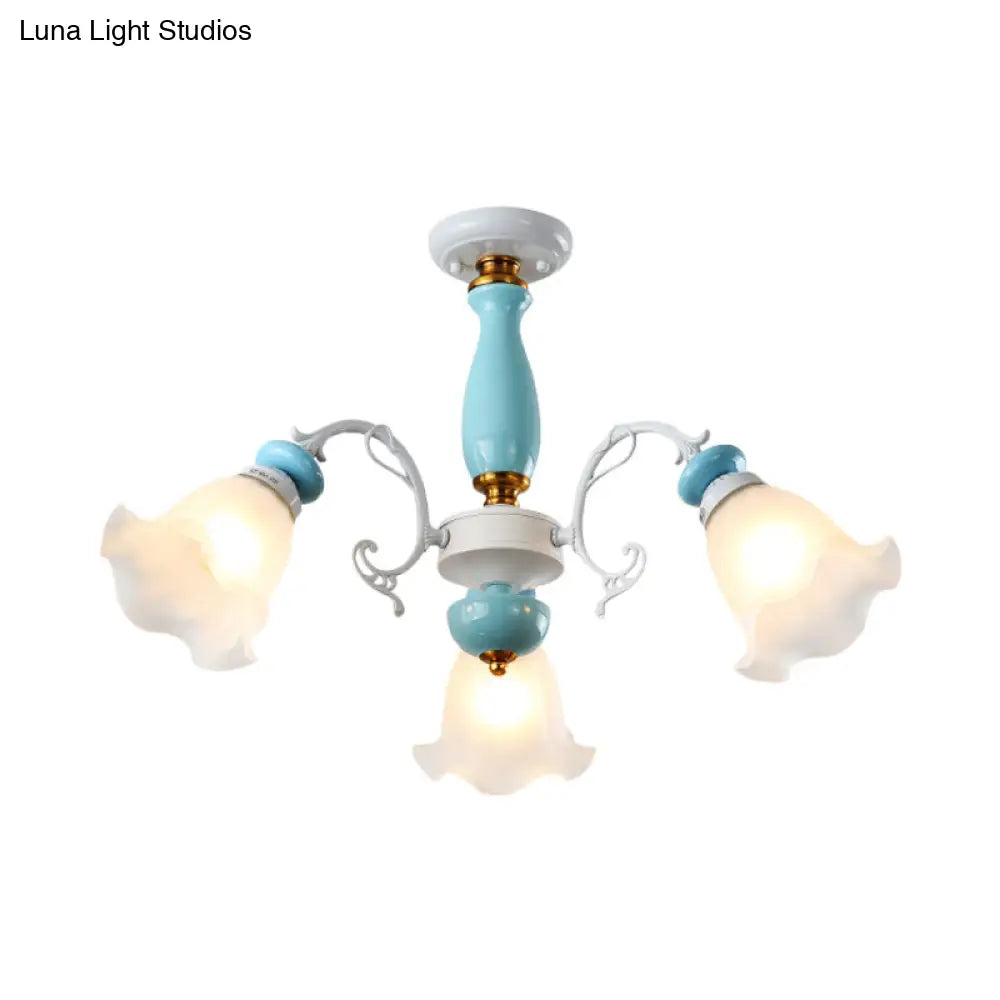 DecorBites™ DecorBites™ Traditional Floral White Glass Semi-Flush Ceiling Light with 3/5 Lights - Bedroom Flush Mount Lamp in Light Blue