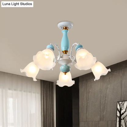 DecorBites™ DecorBites™ Traditional Floral White Glass Semi-Flush Ceiling Light with 3/5 Lights - Bedroom Flush Mount Lamp in Light Blue