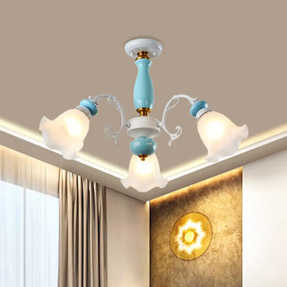 DecorBites™ DecorBites™ Traditional Floral White Glass Semi-Flush Ceiling Light with 3/5 Lights - Bedroom Flush Mount Lamp in Light Blue