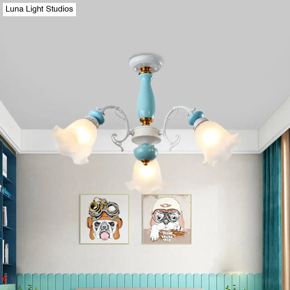 DecorBites™ DecorBites™ Traditional Floral White Glass Semi-Flush Ceiling Light with 3/5 Lights - Bedroom Flush Mount Lamp in Light Blue