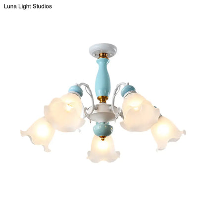 DecorBites™ DecorBites™ Traditional Floral White Glass Semi-Flush Ceiling Light with 3/5 Lights - Bedroom Flush Mount Lamp in Light Blue