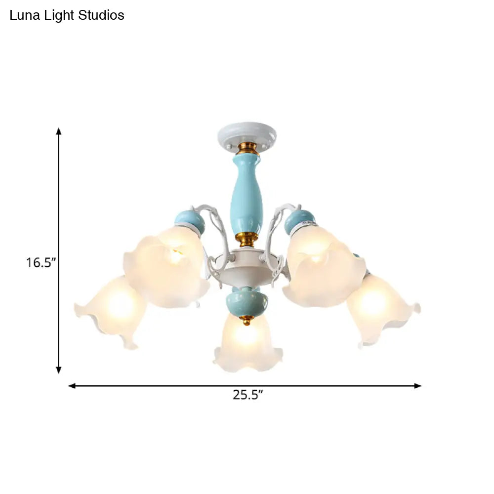 DecorBites™ DecorBites™ Traditional Floral White Glass Semi-Flush Ceiling Light with 3/5 Lights - Bedroom Flush Mount Lamp in Light Blue