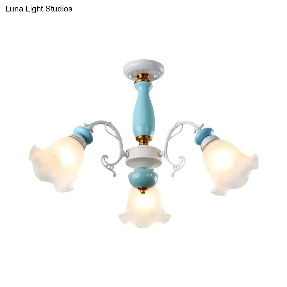 DecorBites™ DecorBites™ Traditional Floral White Glass Semi-Flush Ceiling Light with 3/5 Lights - Bedroom Flush Mount Lamp in Light Blue
