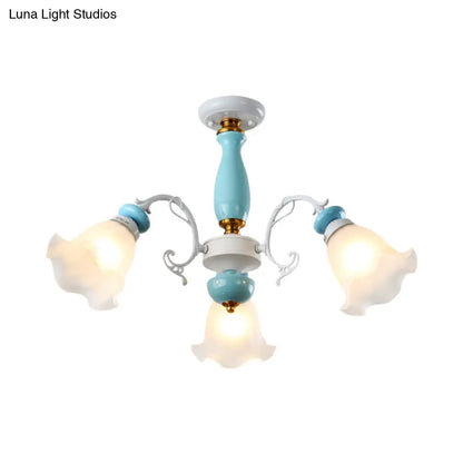 DecorBites™ DecorBites™ Traditional Floral White Glass Semi-Flush Ceiling Light with 3/5 Lights - Bedroom Flush Mount Lamp in Light Blue
