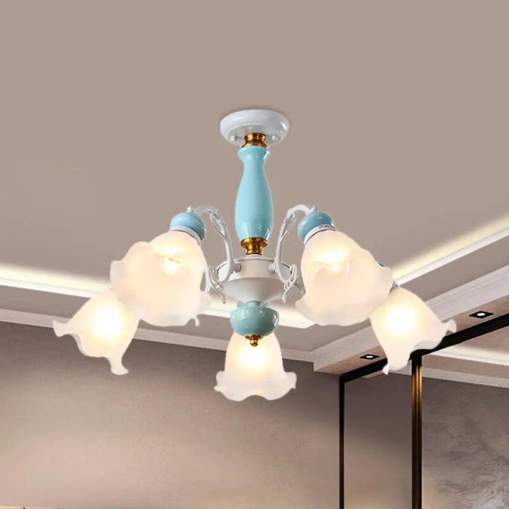 DecorBites™ DecorBites™ Traditional Floral White Glass Semi-Flush Ceiling Light with 3/5 Lights - Bedroom Flush Mount Lamp in Light Blue